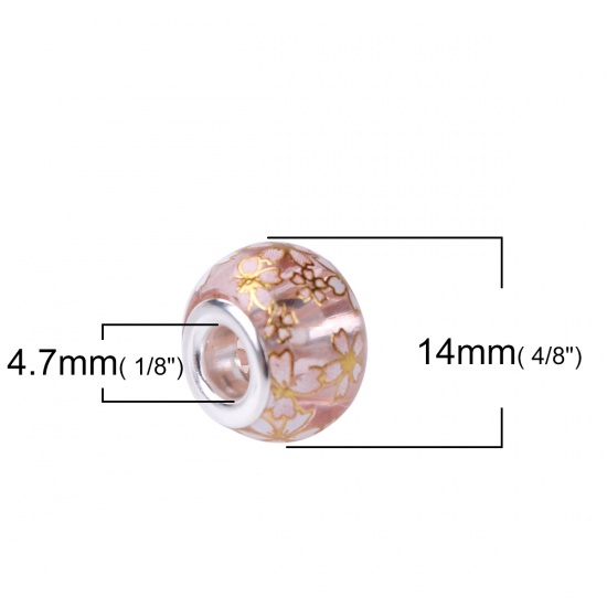 Picture of Glass Japan Painting Vintage Japanese Tensha European Style Large Hole Charm Beads Round Silver Plated Sakura Flower Light Pink Transparent About 14mm( 4/8") Dia, Hole: Approx 4.7mm, 5 PCs