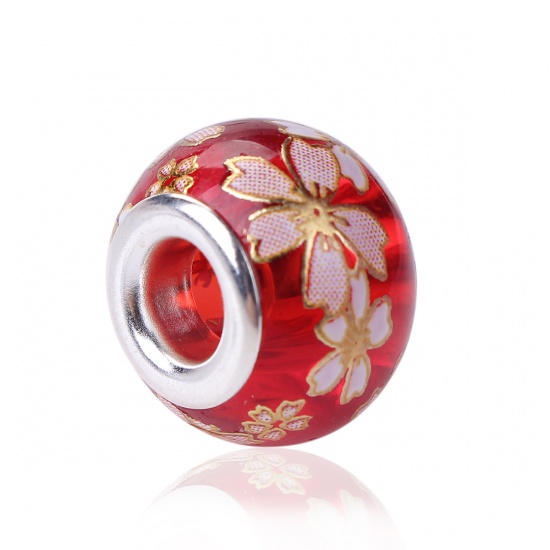 Picture of Glass Japan Painting Vintage Japanese Tensha European Style Large Hole Charm Beads Round Silver Plated Sakura Flower Red Transparent About 14mm( 4/8") Dia, Hole: Approx 4.7mm, 5 PCs