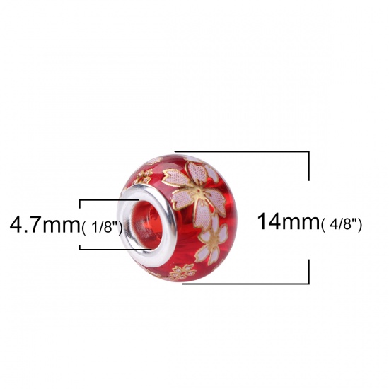 Picture of Glass Japan Painting Vintage Japanese Tensha European Style Large Hole Charm Beads Round Silver Plated Sakura Flower Red Transparent About 14mm( 4/8") Dia, Hole: Approx 4.7mm, 5 PCs