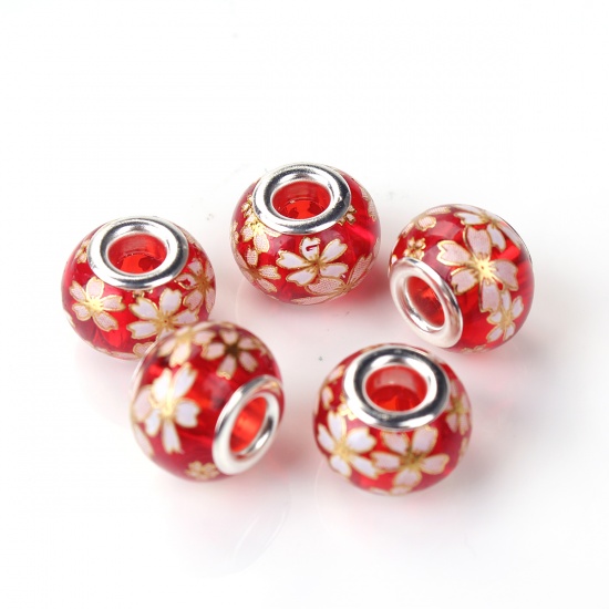 Picture of Glass Japan Painting Vintage Japanese Tensha European Style Large Hole Charm Beads Round Silver Plated Sakura Flower Red Transparent About 14mm( 4/8") Dia, Hole: Approx 4.7mm, 5 PCs