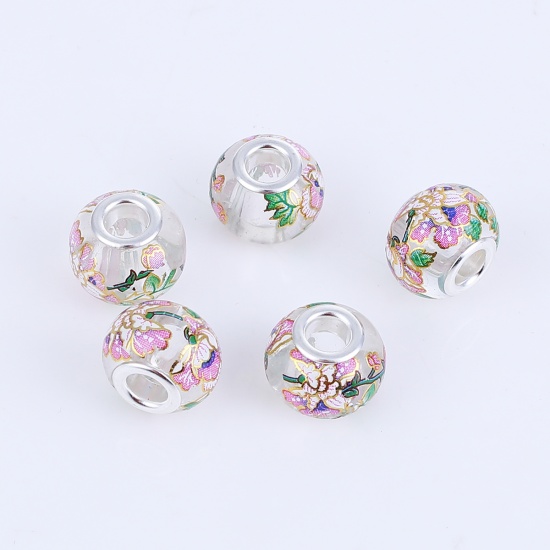 Picture of Glass Japan Painting Vintage Japanese Tensha European Style Large Hole Charm Beads Round Silver Plated Morning Glory Flower Transparent Clear About 14mm( 4/8") Dia, Hole: Approx 4.7mm, 5 PCs