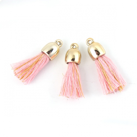 Picture of Cotton Pendants Tassel Pink & Golden W/ Gold Plated Plastic Cap 3.5cm(1 3/8") long, 20 PCs