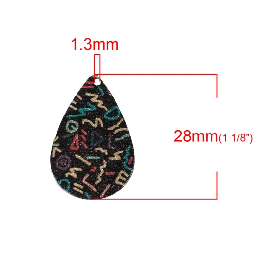 Picture of Iron Based Alloy Enamel Painting Charms Drop Gold Plated Black & Multicolor Doodle Sparkledust 28mm(1 1/8") x 18mm( 6/8"), 10 PCs