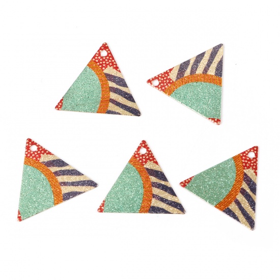 Picture of Iron Based Alloy Enamel Painting Charms Triangle Gold Plated Multicolor Stripe Sparkledust 22mm( 7/8") x 19mm( 6/8"), 10 PCs