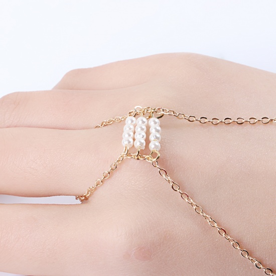 Picture of Hand Chain Slave Ring Bracelet Gold Plated White Imitation Pearl 18.5cm(7 2/8") long, 1 Piece
