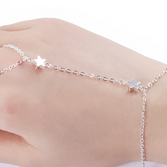 Picture of Hand Chain Slave Ring Bracelet Silver Plated Pentagram Star 19.7cm(7 6/8") long, 1 Piece
