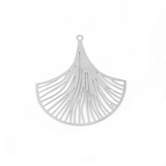 Picture of Iron Based Alloy Chandelier Connectors Gingko Leaf Silver Tone Filigree 39mm x 38mm, 10 PCs