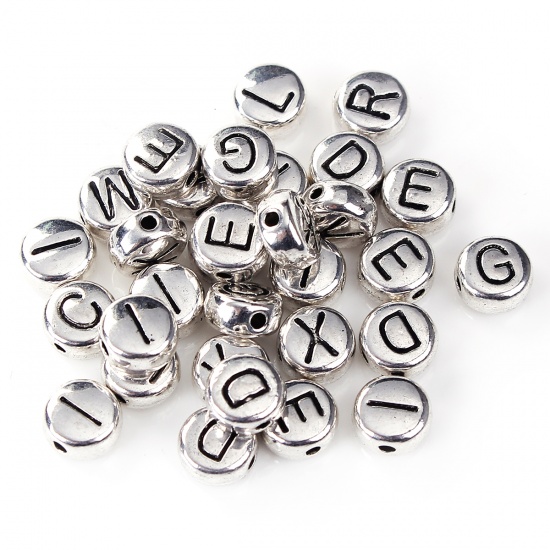 Picture of Zinc Based Alloy Spacer Beads Round Silver Tone At Random Mixed Initial Alphabet/ Letter About 6mm Dia, Hole: Approx 0.8mm, 100 PCs