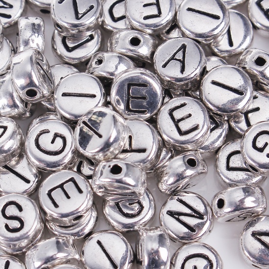 Picture of Zinc Based Alloy Spacer Beads Round Silver Tone At Random Mixed Initial Alphabet/ Letter About 6mm Dia, Hole: Approx 0.8mm, 100 PCs