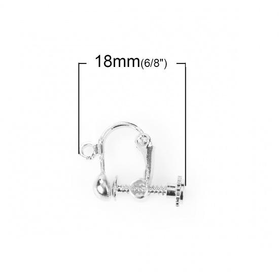 Picture of Brass Screw Back Clips Earrings Findings Silver Plated W/ Loop 20mm( 6/8") x 14mm( 4/8"), 10 PCs                                                                                                                                                              