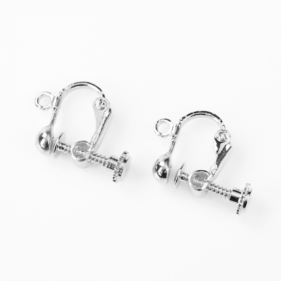 Picture of Brass Screw Back Clips Earrings Findings Silver Plated W/ Loop 20mm( 6/8") x 14mm( 4/8"), 10 PCs                                                                                                                                                              