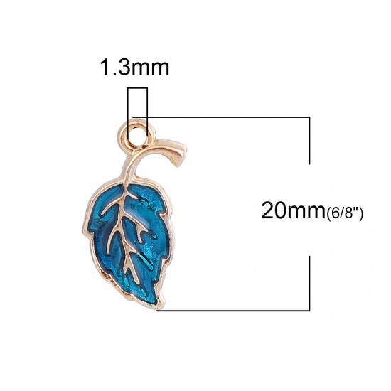 Picture of Zinc Based Alloy Charms Leaf Gold Plated Blue Enamel 20mm( 6/8") x 10mm( 3/8"), 20 PCs