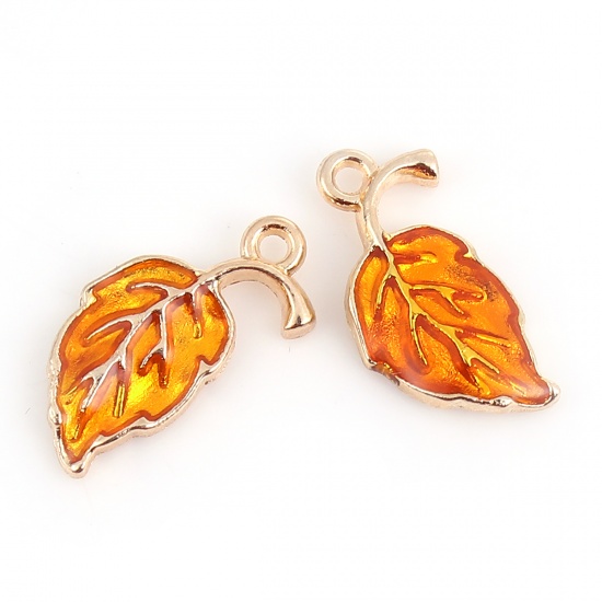 Picture of Zinc Based Alloy Charms Leaf Gold Plated Orange Enamel 20mm( 6/8") x 10mm( 3/8"), 20 PCs
