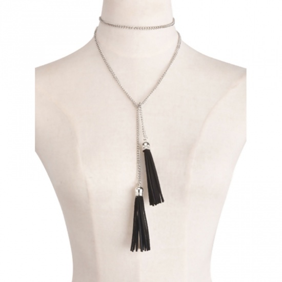 Imagen de Collar Lariat en forma de Y Panícula Tono de Plata Negro 118cm longitud, 1 Unidad