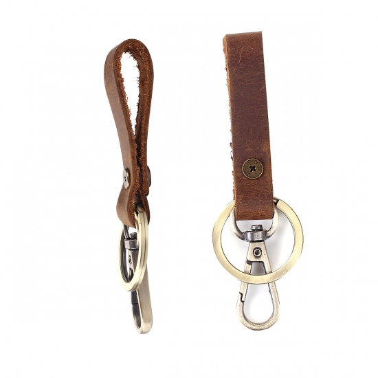 Picture of Faux Leather Keychain & Keyring Circle Ring Antique Bronze Coffee Rectangle 11cm x 3.3cm, 1 Piece