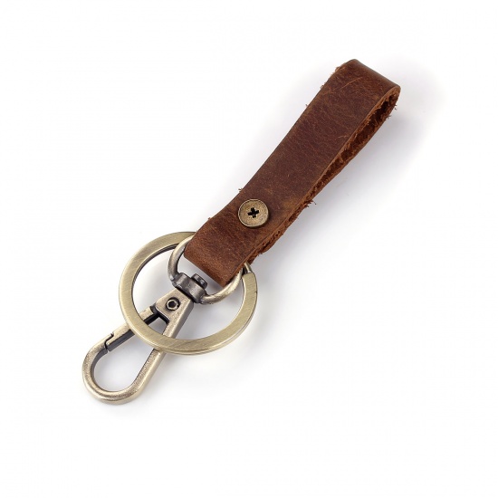 Picture of Faux Leather Keychain & Keyring Circle Ring Antique Bronze Coffee Rectangle 11cm x 3.3cm, 1 Piece