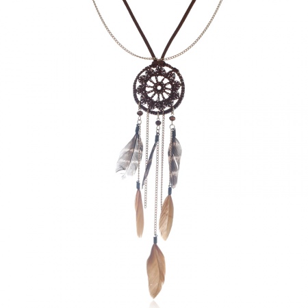 Multilayer Layered Necklace Gold Plated Brown Feather Dreamcatcher 69cm(27 1/8") long, 1 Piece