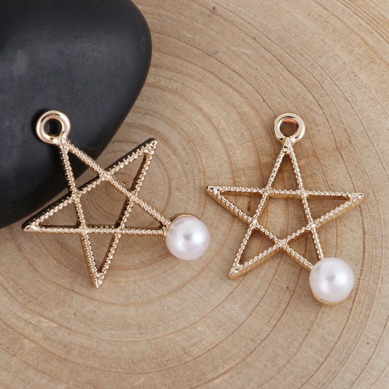 Picture of Zinc Based Alloy One Pearl Jewelry Charms Pentagram Star Light Golden White Acrylic Imitation Pearl 27mm(1 1/8") x 21mm( 7/8"), 20 PCs