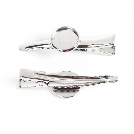 Picture of Iron Based Alloy Hair Clips Findings Round Silver Tone Cabochon Settings (Fits 12mm Dia.) 45mm x 14mm, 20 PCs