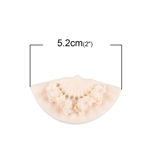 Picture of Resin Embellishments Fan-shaped Ivory Flower Pattern 52mm(2") x 29mm(1 1/8"), 5 PCs