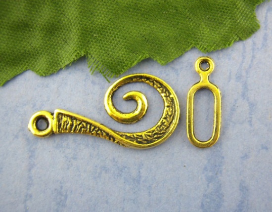 Picture of Zinc Based Alloy Toggle Clasps Findings Swirl Gold Tone Antique Gold 16mm x 6mm 26mm x 12mm, 30 Sets