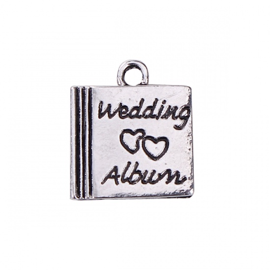 Immagine di Lega di Zinco Charms Libro Argento Antico Cuore Messaggio " Wedding Album " 20mm x 17mm , 10 Pz