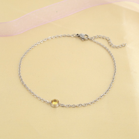 Picture of 304 Stainless Steel Anklet Silver Tone Round Yellow Rhinestone 23cm(9") long, 1 Piece