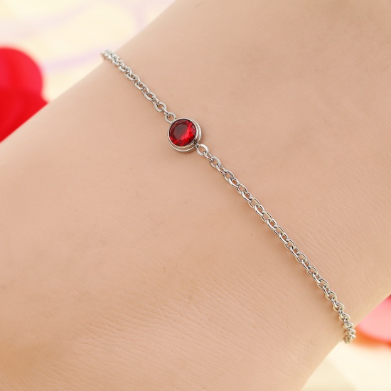 Picture of 304 Stainless Steel Anklet Silver Tone Round Red Rhinestone 23cm(9") long, 1 Piece