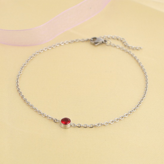 Picture of 304 Stainless Steel Anklet Silver Tone Round Red Rhinestone 23cm(9") long, 1 Piece