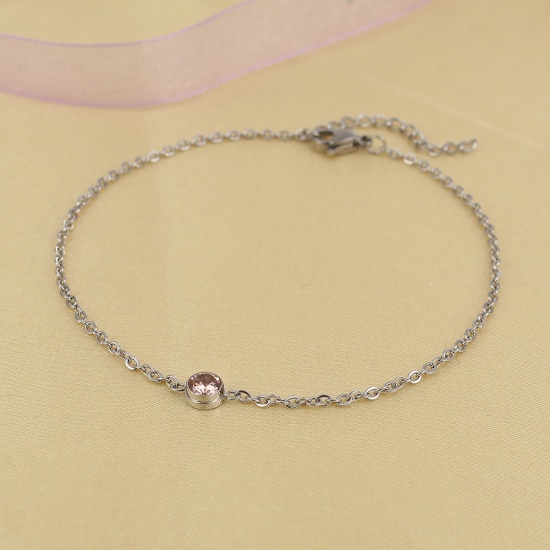 Picture of 304 Stainless Steel Anklet Silver Tone Round Champagne Rhinestone 23cm(9") long, 1 Piece