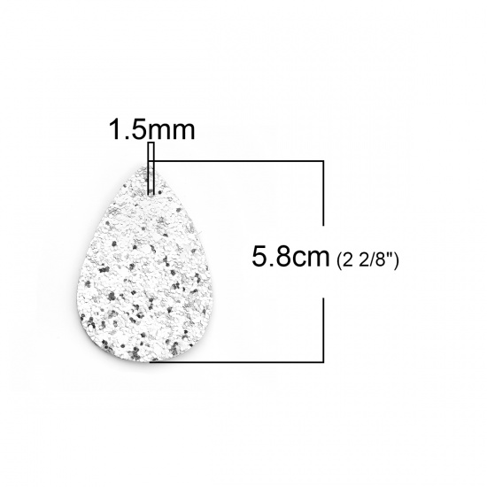 Picture of Faux Leather Paillette Sequin Earring Components Drop Silver 5.8cm x 3.8cm, 10 PCs
