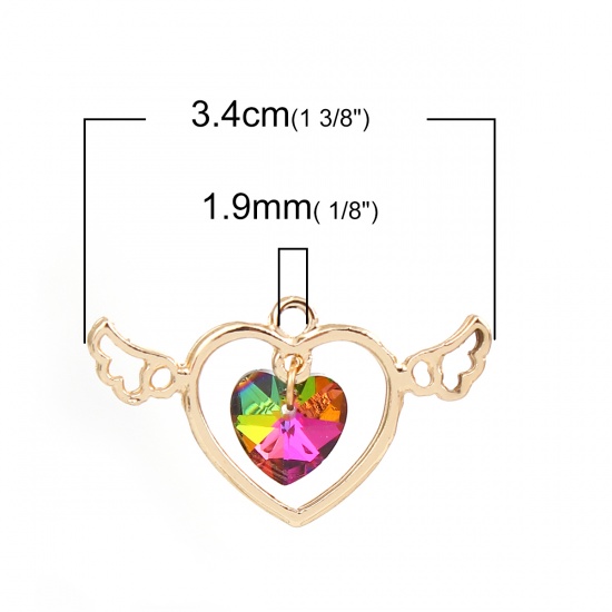 Picture of Zinc Based Alloy AB Rainbow Color Aurora Borealis Pendants Heart Gold Plated Wing Multicolor Glass Rhinestone Faceted 34mm(1 3/8") x 20mm( 6/8"), 10 PCs