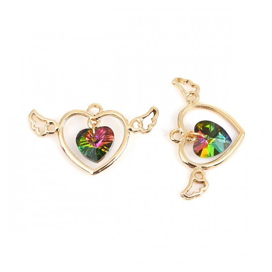 Picture of Zinc Based Alloy AB Rainbow Color Aurora Borealis Pendants Heart Gold Plated Wing Multicolor Glass Rhinestone Faceted 34mm(1 3/8") x 20mm( 6/8"), 10 PCs