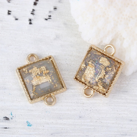 Picture of Zinc Based Alloy & Resin Gold Foil Connectors Square Gold Plated Transparent Clear 18mm x 12mm, 10 PCs