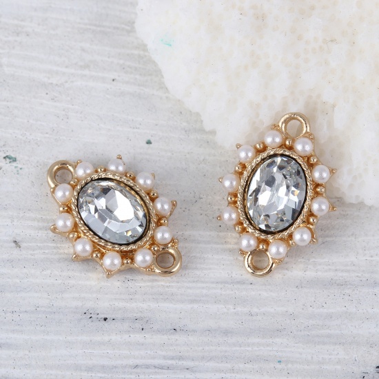 Picture of Zinc Based Alloy Style Of Royal Court Character Connectors Oval Gold Plated White Imitation Pearl Clear Rhinestone 17mm x 13mm, 5 PCs