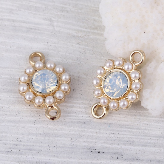 Picture of Zinc Based Alloy Style Of Royal Court Character Connectors Round Gold Plated White Imitation Pearl Light Blue Rhinestone 17mm x 11mm, 5 PCs