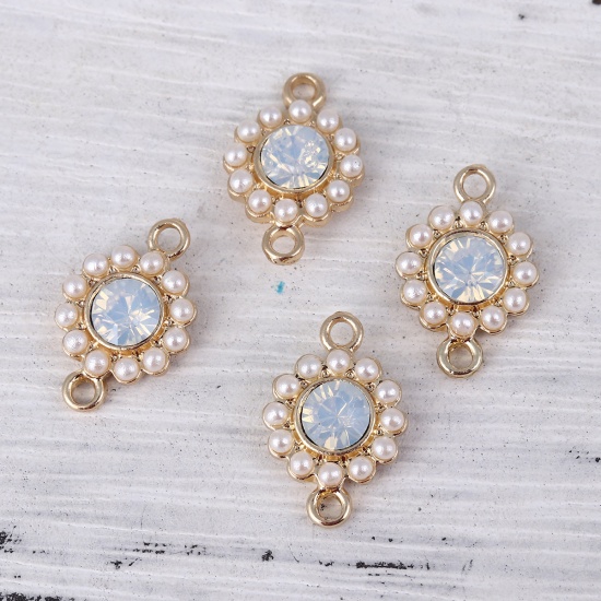 Picture of Zinc Based Alloy Style Of Royal Court Character Connectors Round Gold Plated White Imitation Pearl Light Blue Rhinestone 17mm x 11mm, 5 PCs