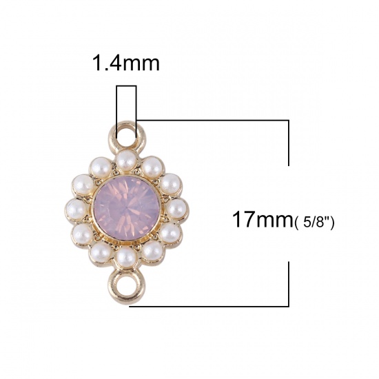 Picture of Zinc Based Alloy Style Of Royal Court Character Connectors Round Gold Plated White Imitation Pearl Pink Rhinestone 17mm x 11mm, 5 PCs