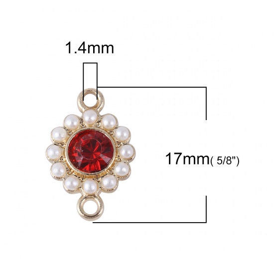 Picture of Zinc Based Alloy Style Of Royal Court Character Connectors Round Gold Plated White Imitation Pearl Red Rhinestone 17mm x 11mm, 5 PCs
