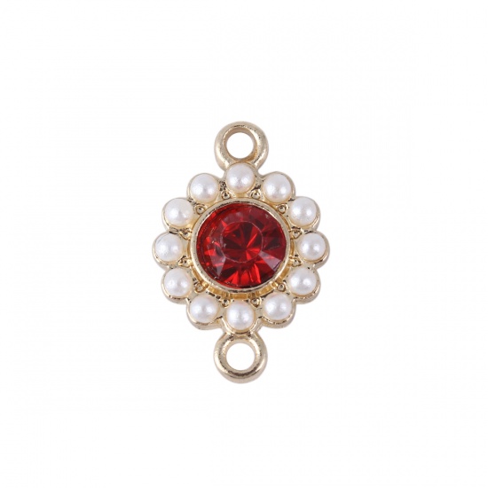 Picture of Zinc Based Alloy Style Of Royal Court Character Connectors Round Gold Plated White Imitation Pearl Red Rhinestone 17mm x 11mm, 5 PCs