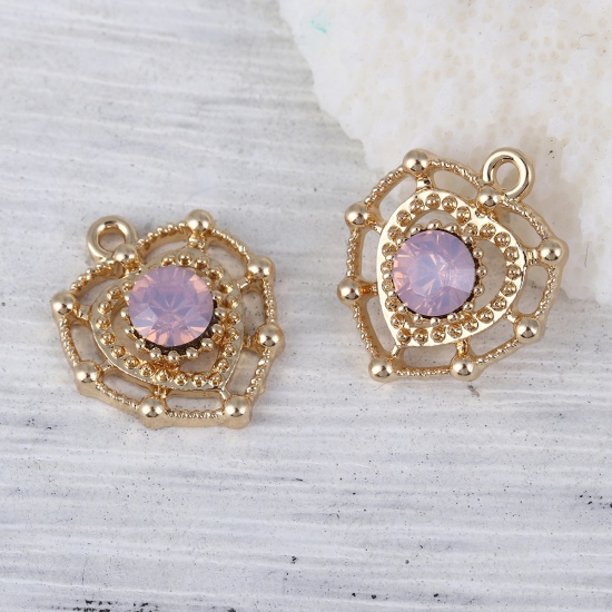 Picture of Zinc Based Alloy Style Of Royal Court Character Charms Heart Gold Plated Pink Rhinestone 18mm( 6/8") x 15mm( 5/8"), 10 PCs