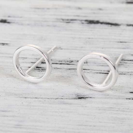 Picture of Sterling Silver Ear Post Stud Earrings Silver Color Circle Ring 12mm x 6mm, Post/ Wire Size: (21 gauge), 1 Pair