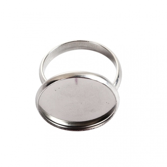 Picture of 304 Stainless Steel Unadjustable Rings Round Silver Tone Cabochon Settings (Fits 14mm Dia.) 17.5mm( 6/8")(US size 7), 1 Piece