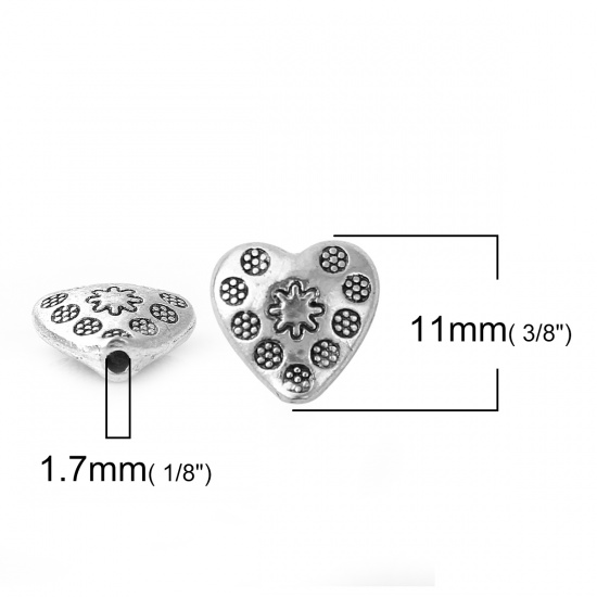 Bild von Zinklegierung Metallperlen Herz Antiksilber Blumen 11mm x 10mm, Loch:ca. 1.7mm, 50 Stück