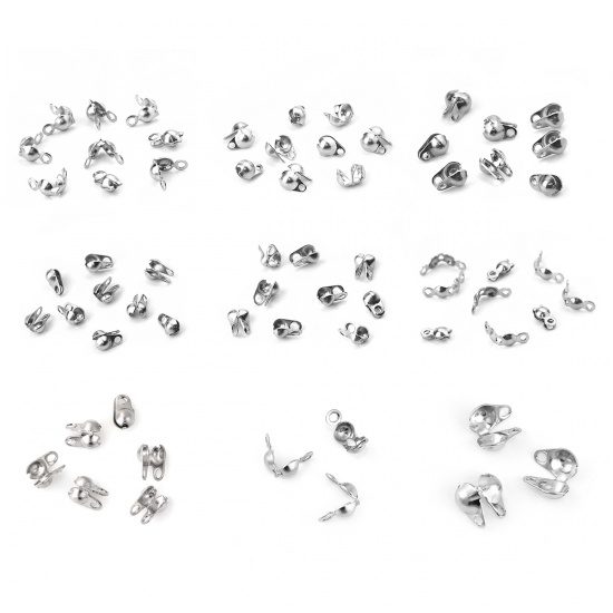 Picture of Stainless Steel Bead Tips (Knot Cover) Clamshell With 2 Closed Loops Silver Tone (Fits 1mm-1.5mm Ball Chain) Silver Tone 4mm( 1/8") x 3mm( 1/8"), 200 PCs