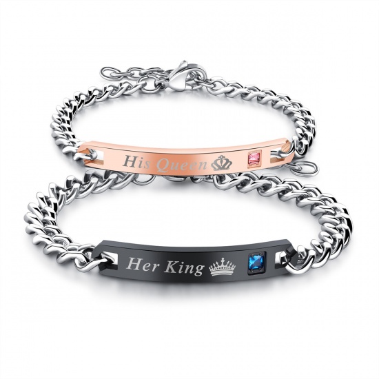 Picture of 316L Stainless Steel Couple Bracelets Rose Gold Black Rectangle Crown Message " His Queen Her King " Pink & Blue Rhinestone 19cm(7 4/8") long 16.5cm(6 4/8") long, 1 Pair”