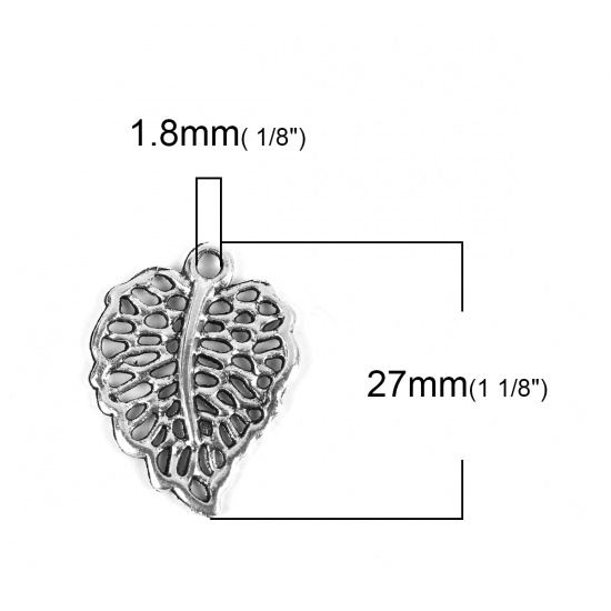 Picture of Zinc Based Alloy Charms Leaf Antique Silver Hollow 24mm(1") x 18mm( 6/8"), 50 PCs