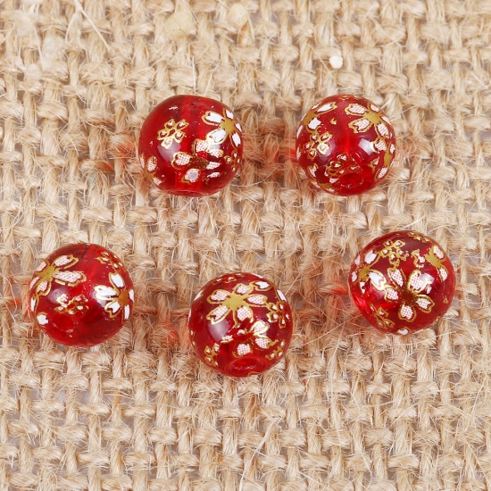 Picture of Glass Japan Painting Vintage Japanese Tensha Beads Round Red Sakura Flower Pattern Transparent About 8mm Dia, Hole: Approx 1.2mm, 5 PCs