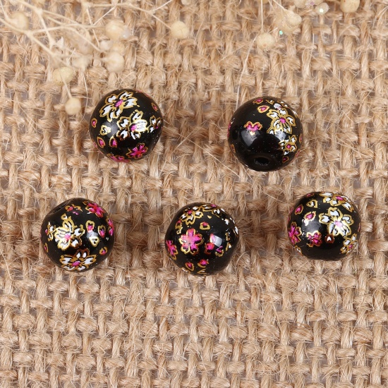 Picture of Glass Japan Painting Vintage Japanese Tensha Beads Round Black Sakura Flower Pattern About 8mm Dia, Hole: Approx 1.2mm, 5 PCs