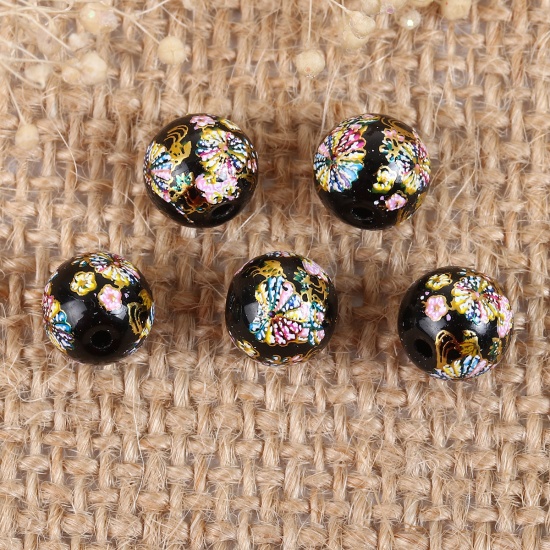 Picture of Glass Japan Painting Vintage Japanese Tensha Beads Round Black Flower Pattern About 8mm Dia, Hole: Approx 1.2mm, 5 PCs